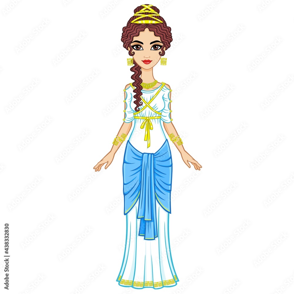 Portrait of the animation woman in  ancient Greek dress. Full growth. Vector illustration isolated on a white background. 