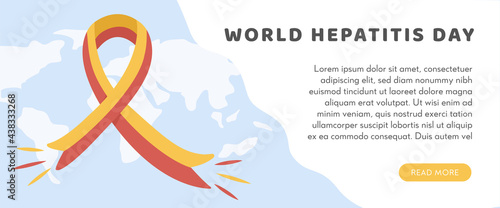 Concept of hepatitis A, B, C, D, cirrhosis, world hepatitis day. Web Horizontal Banner Template with world map, virus and colored red and yellow ribbon. Medical poster for Viral Hepatitis. Vector. 