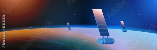 space exploration astronautics technology concept observation satellite flying orbital spaceflight around earth