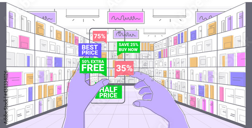 human hands choosing discount coupons on smartphone screen in mobile app online shopping concept