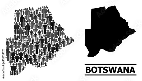 Map of Botswana for political proclamations. Vector demographics collage. Collage map of Botswana combined of guy items. Demographic scheme in dark gray color shades.