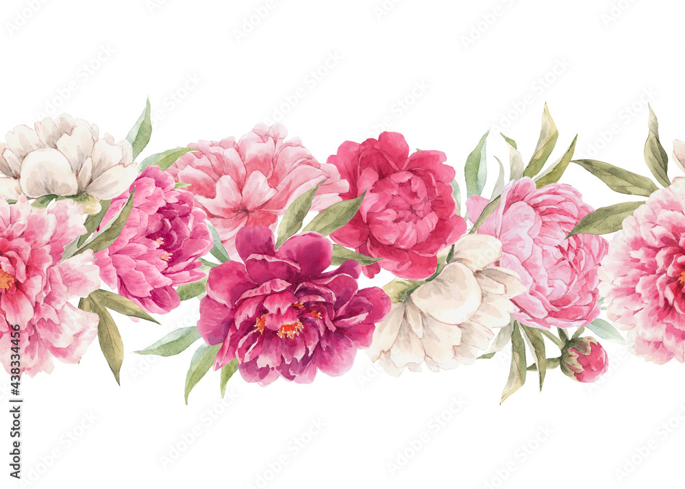 Beautiful seamless floral horizontal pattern with hand drawn watercolor gentle pink peony flowers. Stock illuistration. Beautiful seamless floral horizontal pattern with hand drawn watercolor gentle pink peony flowers. Stock illuistration.