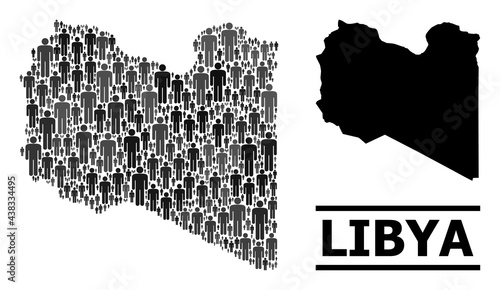 Map of Libya for demographics agitprop. Vector demographics mosaic. Concept map of Libya created of social elements. Demographic concept in dark grey color tinges.