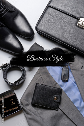 Stylish accessories of businessman on light background