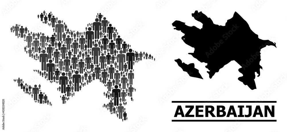Obraz premium Map of Azerbaijan for social promotion. Vector nation mosaic. Mosaic map of Azerbaijan designed of population icons. Demographic scheme in dark gray color variations.