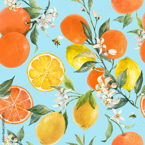 Beautiful vector seamless pattern with watercolor hand drawn citrus orange lemon grapefruit fruits. Stock illustration.