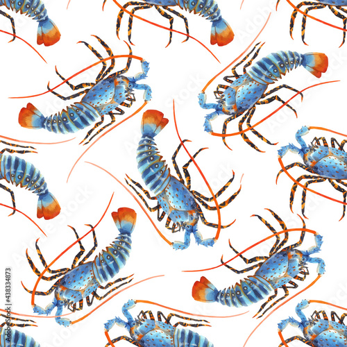 Beautiful vector seamless sea life pattern with watercolor hand drawn rainbow lobster. Stock illustration. photo