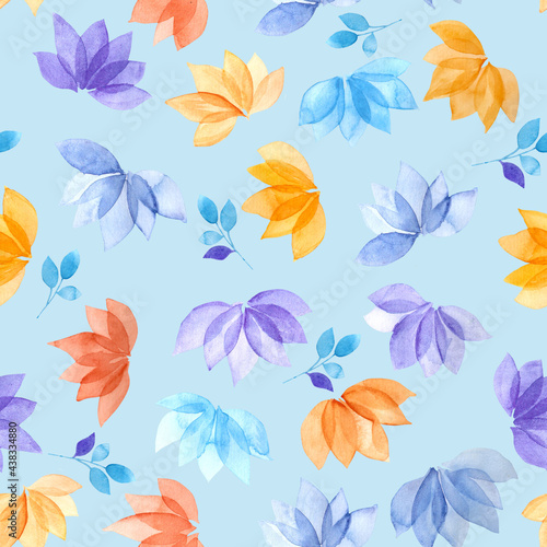 Abstract hand-drawn floral seamless pattern of transparent yellow  orange  red  blue  purple   flowers and blue twigs isolated on blue background