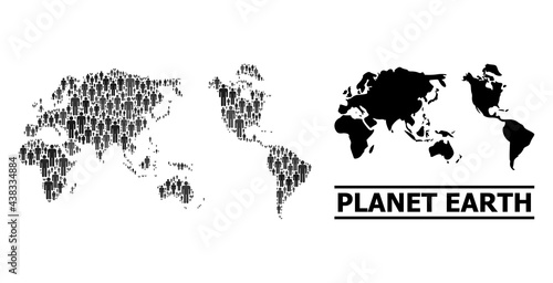 Map of Earth for demographics proclamations. Vector demographics abstraction. Composition map of Earth done of men items. Demographic scheme in dark gray color shades.