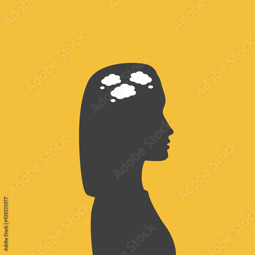 Silhouette profile of woman with speech bubbles in her head - metaphor of intrusive thoughts. Poster of obsessions, OCD and other mental disorders.