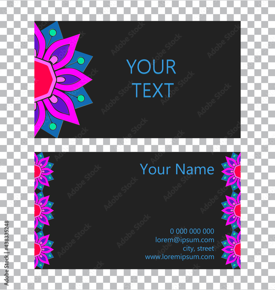 Vector template isolated business card. 3d volumetric convex embossed geometric creative flower pattern. Islam, Arabic, Indian, Ottoman motives on a black background.
