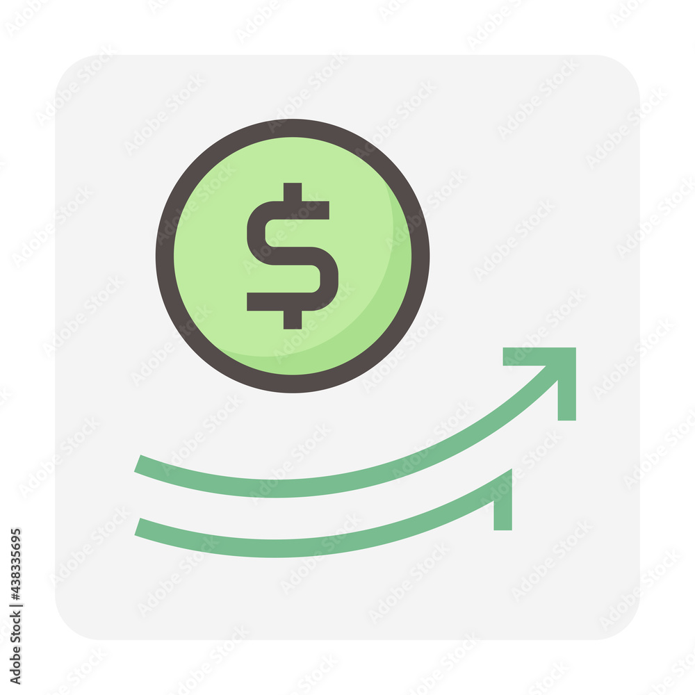Money coin increase vector design. That icon, sign or symbol. Consist of round or circle coin, dollars currency sign and grow up arrow. Growth concept for financial, economy, stock or salary. 48x48 px Money coin increase vector design. That icon, sign or symbol. Consist of round or circle coin, dollars currency sign and grow up arrow. Growth concept for financial, economy, stock or salary. 48x48 px