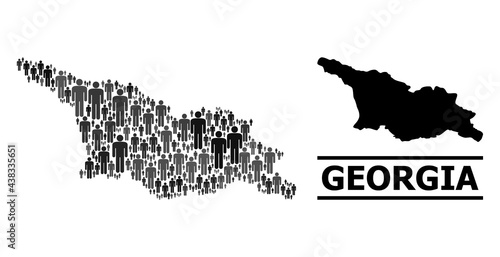 Map of Georgia for social applications. Vector population mosaic. Mosaic map of Georgia composed of social icons. Demographic concept in dark grey color tinges.