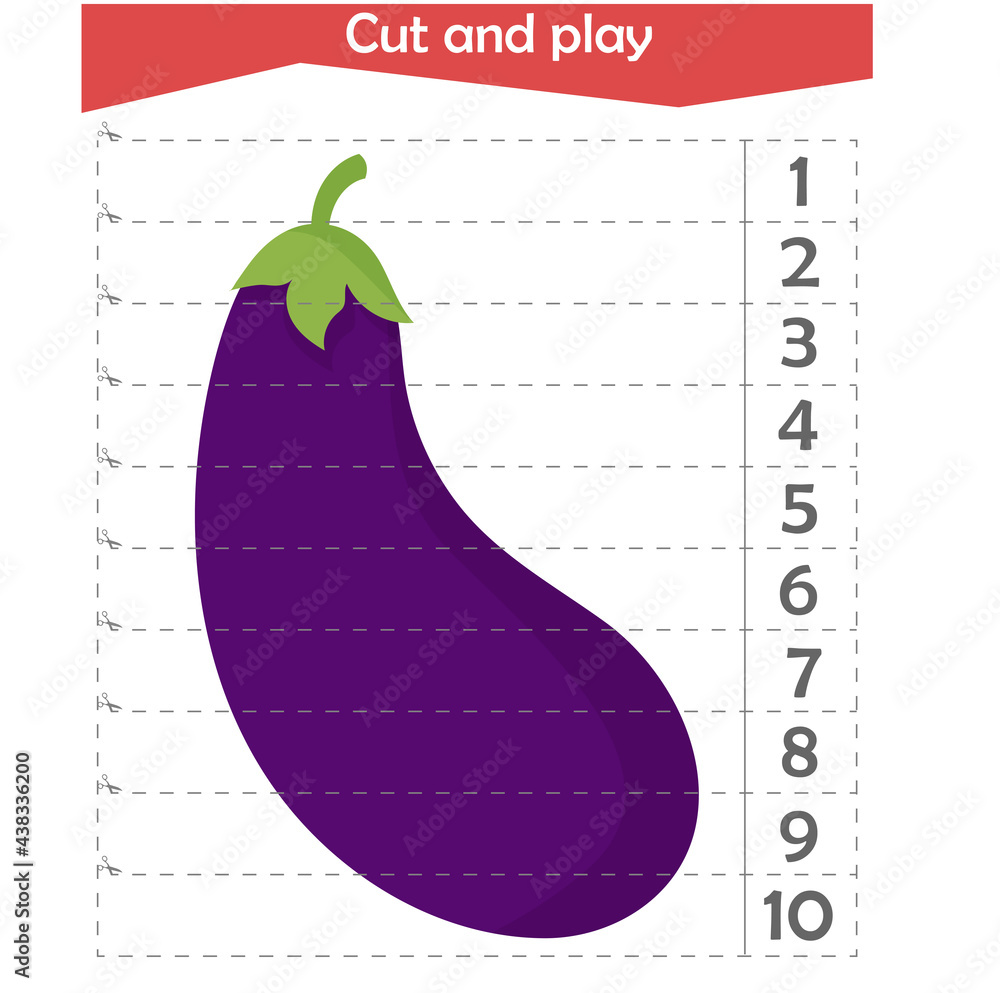 Math puzzle for children. We cut and play. We count to 10. Eggplant ...
