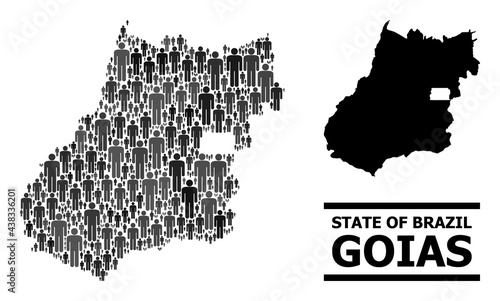 Map of Goias State for social purposes. Vector demographics mosaic. Mosaic map of Goias State created of social pictograms. Demographic scheme in dark gray color tinges.