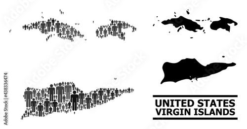 Map of American Virgin Islands for political posters. Vector nation mosaic. Concept map of American Virgin Islands combined of man pictograms. Demographic concept in dark gray color tinges.