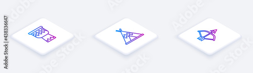 Set Isometric line Drum, Indian teepee or wigwam and Bow and arrow in quiver. White square button. Vector