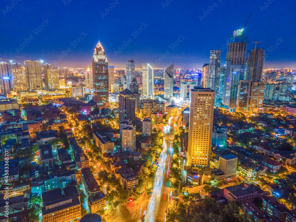 Naklejka premium Aerial photography of Tianjin city building skyline night view