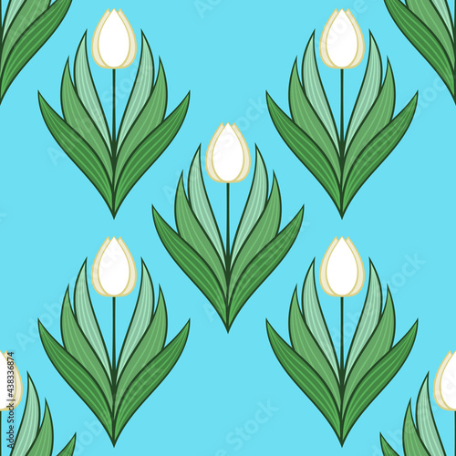 Seamless pattern with tulips in flat modern style. Design from multi-colored tulips in Damascus style. Vector illustration