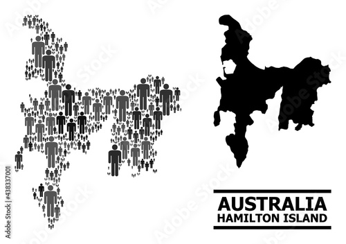 Map of Hamilton Island for politics agitprop. Vector demographics mosaic. Concept map of Hamilton Island composed of human elements. Demographic concept in dark gray color hues.