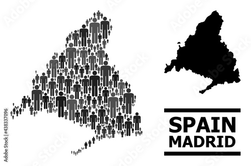 Map of Madrid Province for political applications. Vector nation mosaic. Mosaic map of Madrid Province composed of human pictograms. Demographic scheme in dark grey color variations.