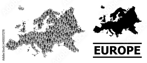 Map of Europe for political agitprop. Vector population mosaic. Mosaic map of Europe constructed of crowd icons. Demographic scheme in dark grey color shades.