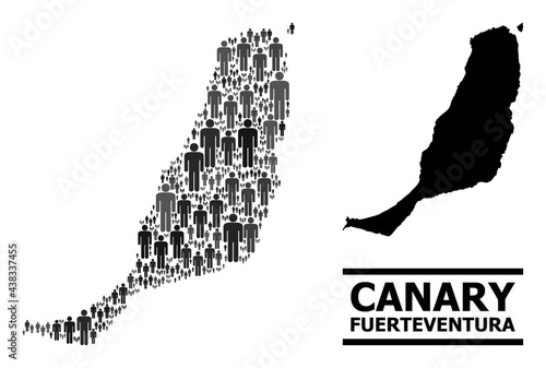 Map of Fuerteventura Island for social agitprop. Vector nation abstraction. Mosaic map of Fuerteventura Island made of crowd icons. Demographic scheme in dark gray color variations.