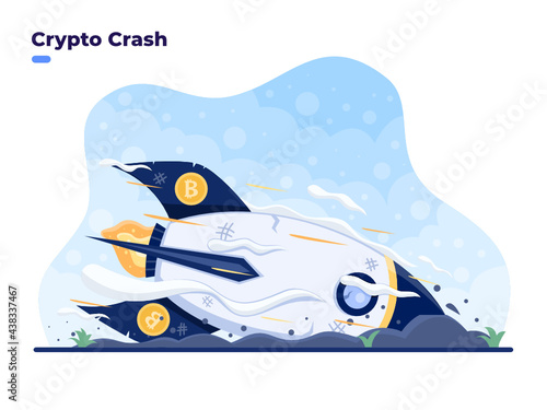 Crypto Crash vector flat illustration concept with bitcoin rocket crashing to ground. Bitcoin market crash or depreciation. Price Collapse of Cryptocurrency. Huge loss at crypto investment. 