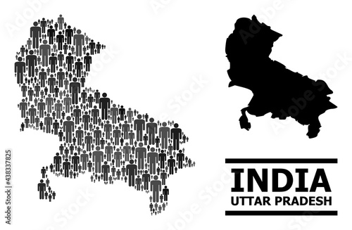 Map of Uttar Pradesh State for politics projects. Vector demographics mosaic. Collage map of Uttar Pradesh State made of population icons. Demographic scheme in dark grey color tinges.