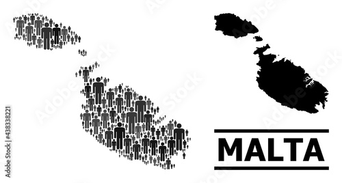 Map of Malta for political proclamations. Vector population abstraction. Mosaic map of Malta combined of population elements. Demographic scheme in dark grey color shades.