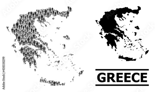 Map of Greece for demographics doctrines. Vector demographics mosaic. Composition map of Greece composed of crowd items. Demographic scheme in dark gray color hues.