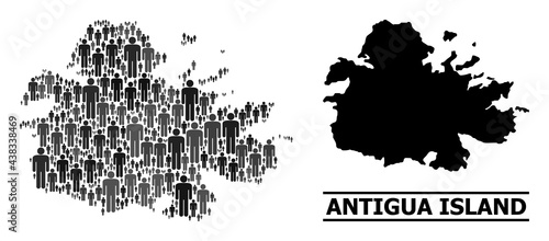 Map of Antigua Island for social agitation. Vector demographics mosaic. Collage map of Antigua Island created of social items. Demographic scheme in dark grey color shades.