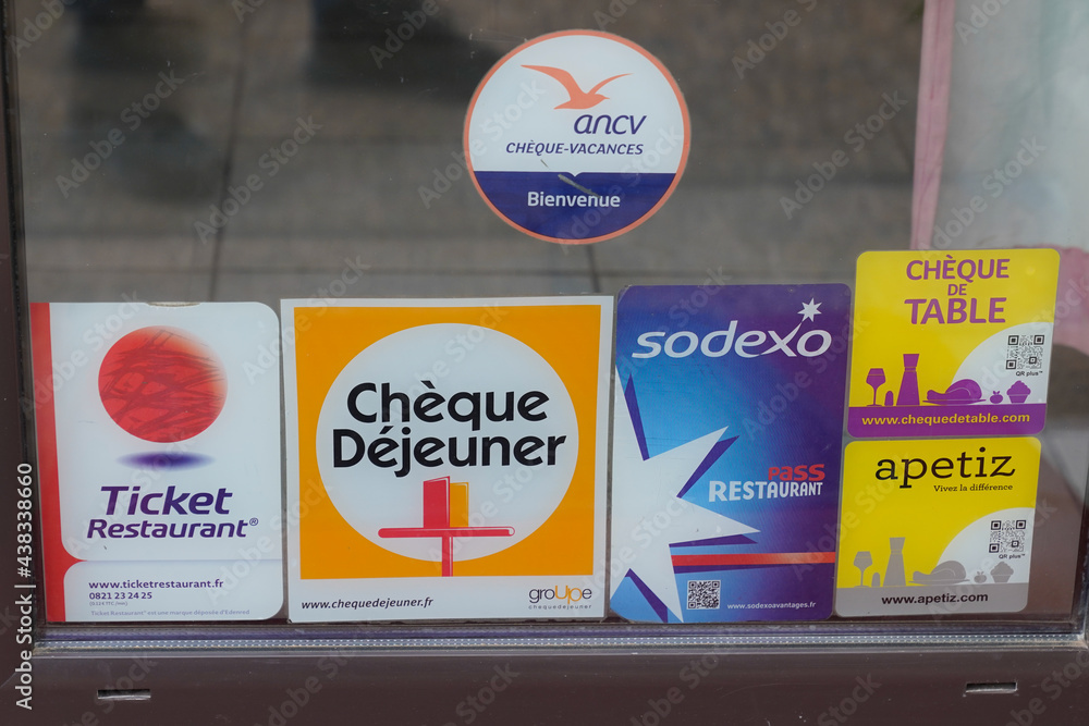 Ticket Restaurant Edenred brand cheque dejeuner logo and text cheque de  table sign and sodexo ancv vacances brand apetiz Stock Photo | Adobe Stock