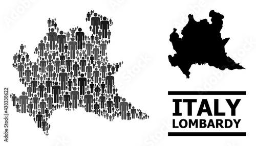 Map of Lombardy region for demographics projects. Vector population mosaic. Mosaic map of Lombardy region done of human pictograms. Demographic scheme in dark grey color hues.
