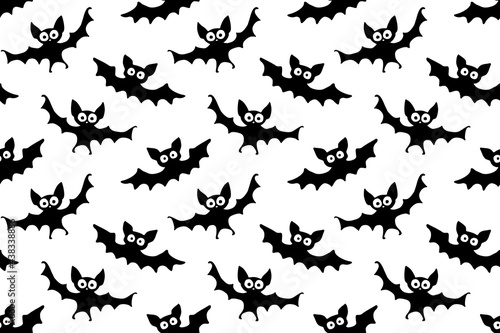 Flying bats seamless pattern. Cute Spooky vector Illustration. Halloween backgrounds and textures in flat cartoon gothic style. Black silhouettes animals on sky © Iuliia