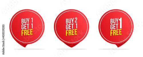 Buy one get one free bogo label templates. Special offer commercial circle badges set for discount shopping, promotion and advertising. Vector illustration. photo