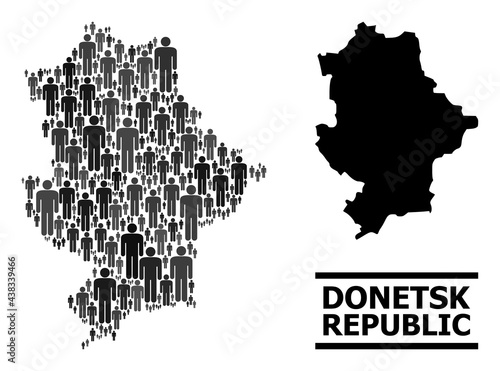 Map of Donetsk Republic for demographics projects. Vector demographics mosaic. Mosaic map of Donetsk Republic constructed of men icons. Demographic scheme in dark grey color tints.