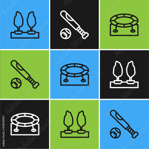 Set line Forest, Jumping trampoline and Baseball bat with ball icon. Vector