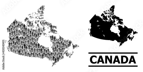 Map of Canada for national propaganda. Vector demographics collage. Collage map of Canada organized of population pictograms. Demographic concept in dark grey color variations.