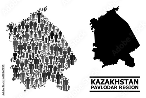 Map of Pavlodar Region for demographics promotion. Vector demographics mosaic. Concept map of Pavlodar Region designed of person items. Demographic concept in dark grey color tones.