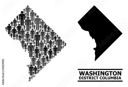 Map of District Columbia for social agitation. Vector nation mosaic. Mosaic map of District Columbia constructed of social elements. Demographic concept in dark grey color tones.