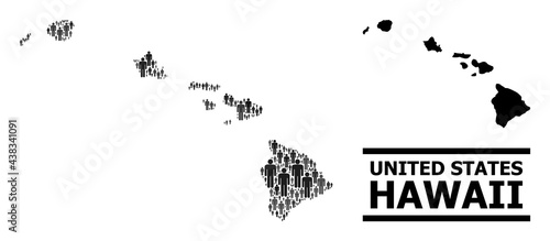 Map of Hawaii State for demographics agitprop. Vector demographics abstraction. Concept map of Hawaii State made of population items. Demographic concept in dark grey color variations.