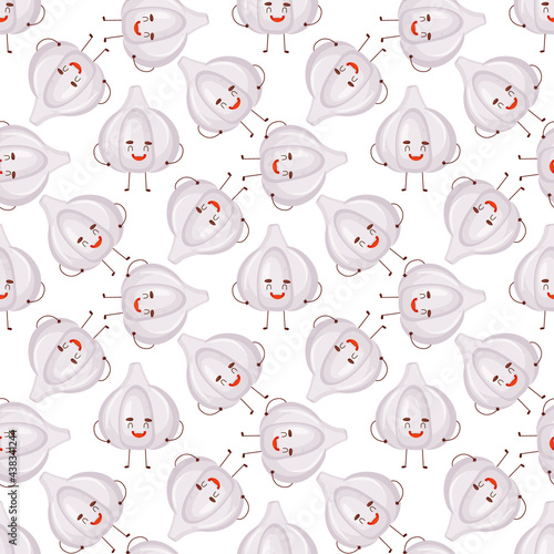 Garlic, vector seamless pattern with cute cartoon vegetable characters isolated on white