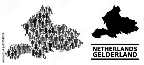 Map of Gelderland Province for political promotion. Vector demographics mosaic. Mosaic map of Gelderland Province organized of social pictograms. Demographic concept in dark gray color shades.