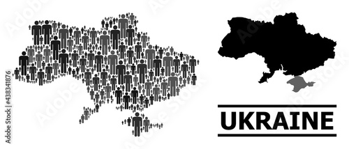 Map of Ukraine for social proclamations. Vector population abstraction. Composition map of Ukraine done of population elements. Demographic scheme in dark grey color tinges.