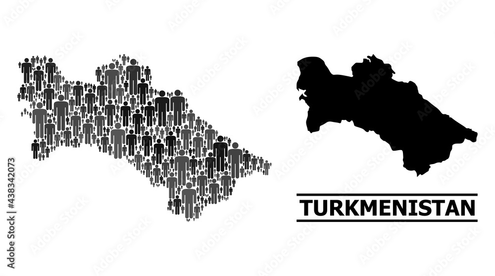 Map of Turkmenistan for demographics doctrines. Vector demographics abstraction. Pattern map of Turkmenistan constructed of person elements. Demographic scheme in dark gray color tints.