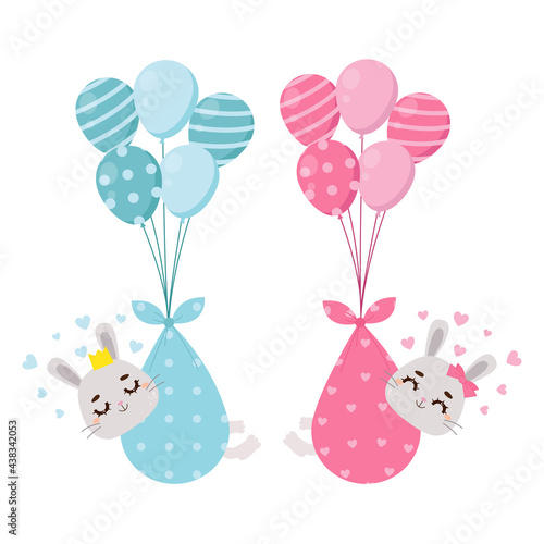 Cute baby rabbit being delivered via balloons. Baby gender reveal boy or girl. Flat vector cartoon design.