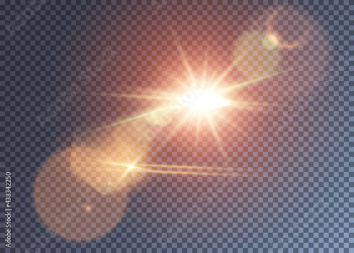 Shining reddish vector sun with lens flare