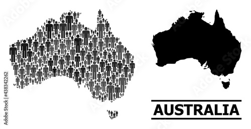 Map of Australia for demographics promotion. Vector demographics abstraction. Concept map of Australia constructed of people items. Demographic concept in dark grey color variations.