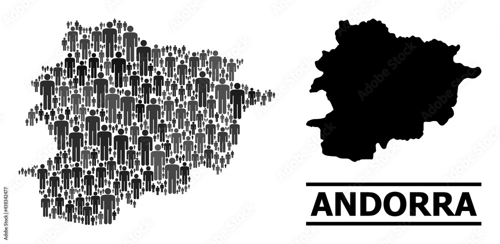 Map of Andorra for demographics purposes. Vector demographics abstraction. Pattern map of Andorra created of man pictograms. Demographic scheme in dark gray color tinges.